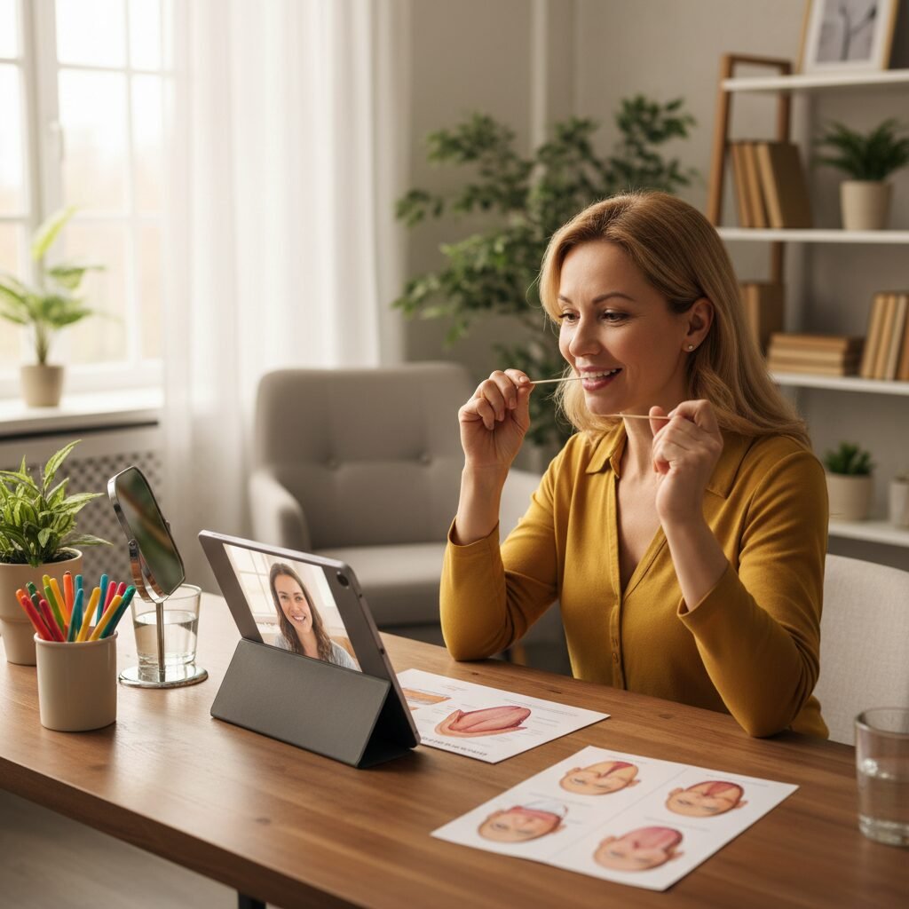 Adult performing mouth and tongue exercises for speech therapy improvement