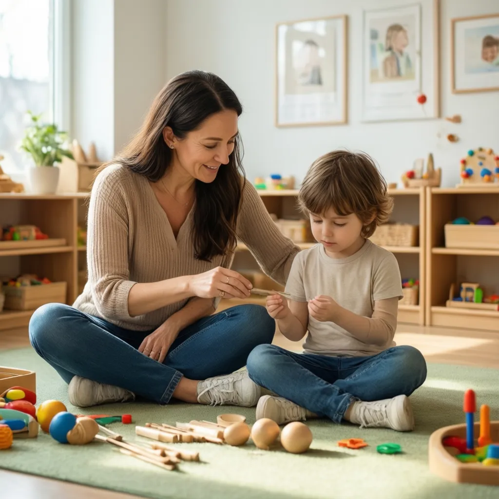 Parent and child sitting with a speech therapist, preparing for a logopaedic appointment with documents and notes.