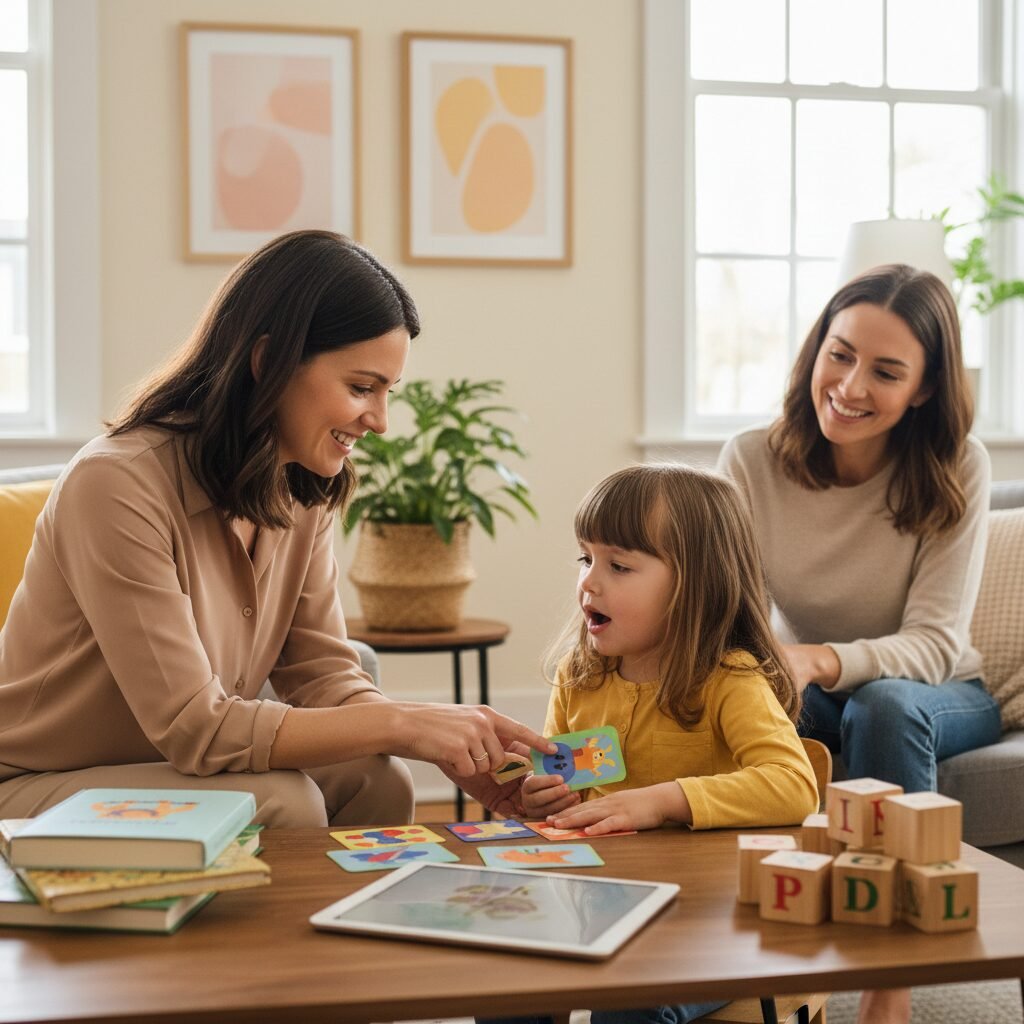 Bilingual child with speech therapist during language assessment session