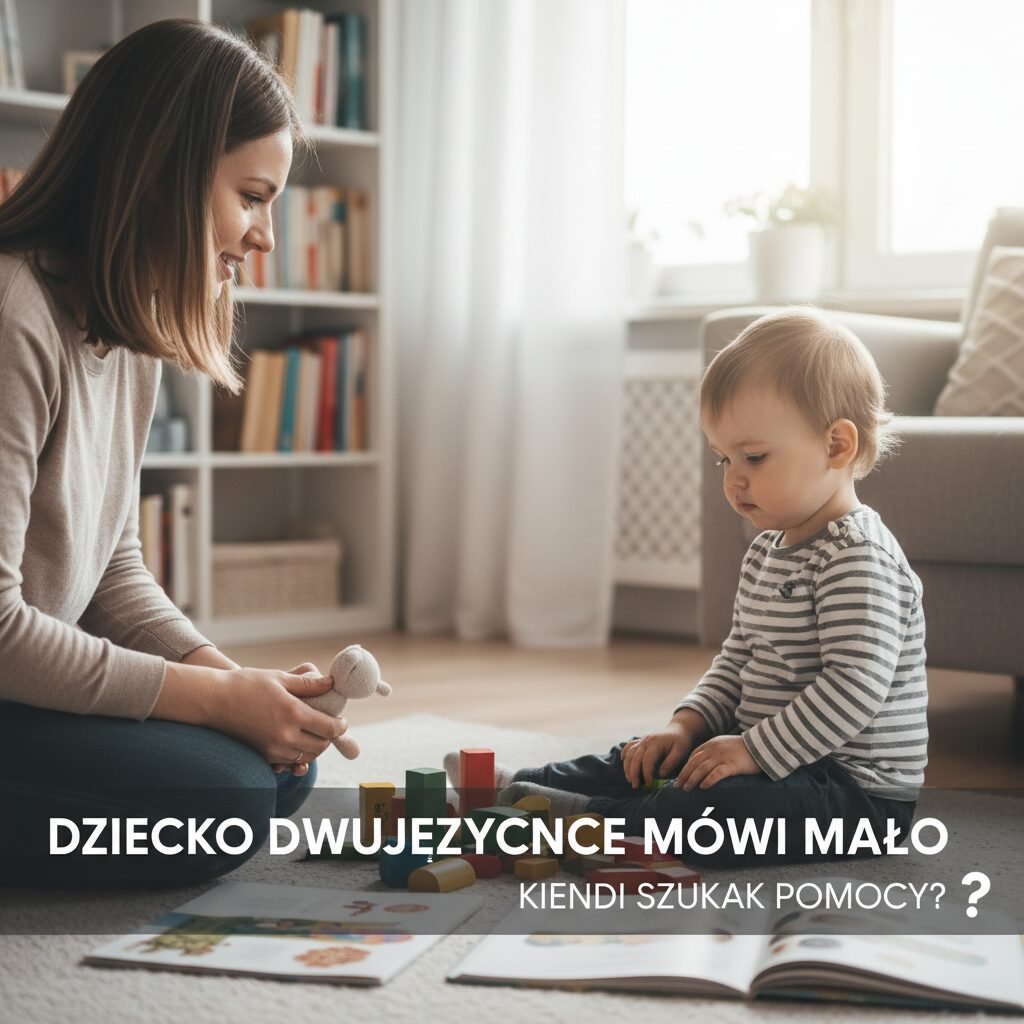 Dziecko dwujęzyczne z rodzicami rozmawiające w dwóch językach, ilustracja rozwoju mowy.