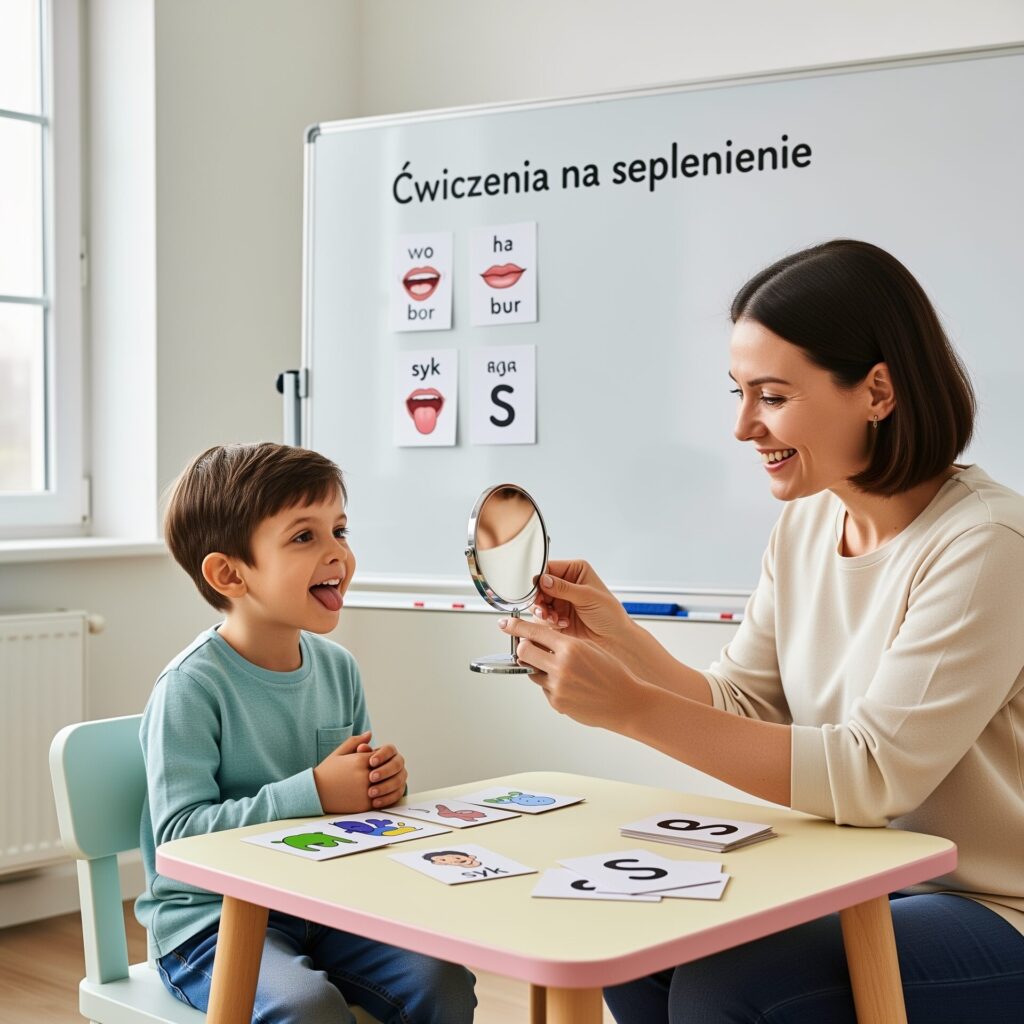Child practicing speech therapy exercises with a speech therapist to correct lisp and improve pronunciation