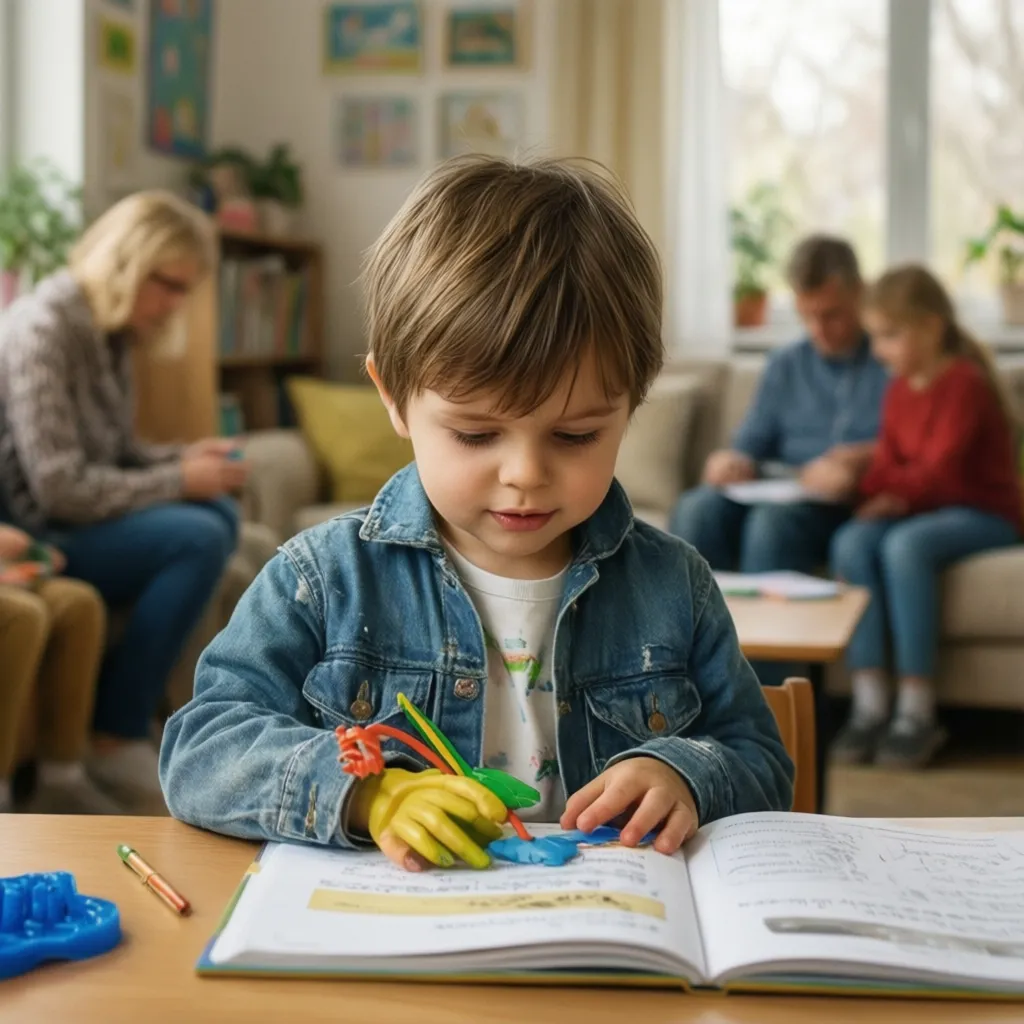 Dziecko wykonujące ćwiczenia i zadania domowe wspierane przez rodzica między wizytami terapeutycznymi.