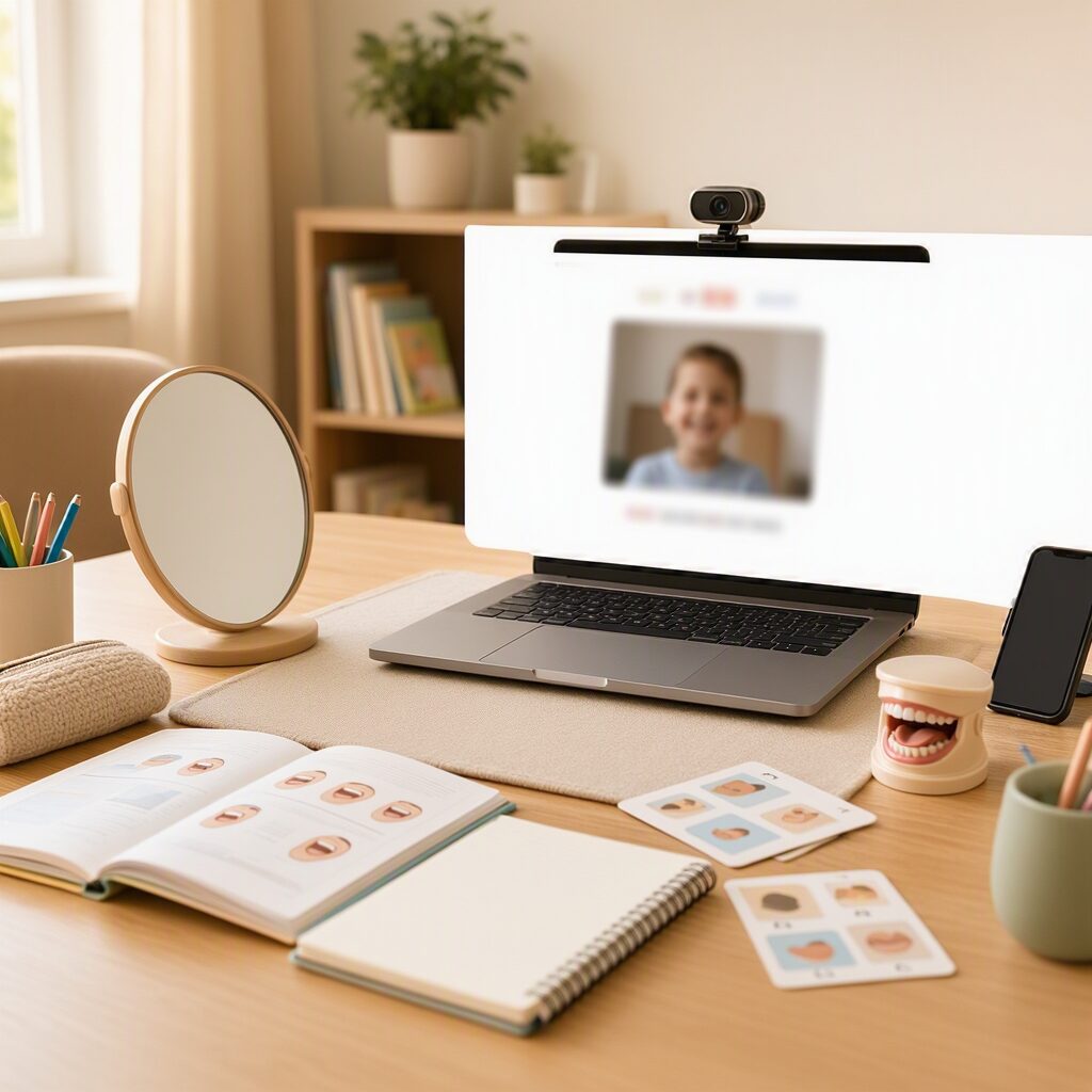 Online materials spread on a desk, including notebooks, pens, and a laptop ready for a virtual lesson.