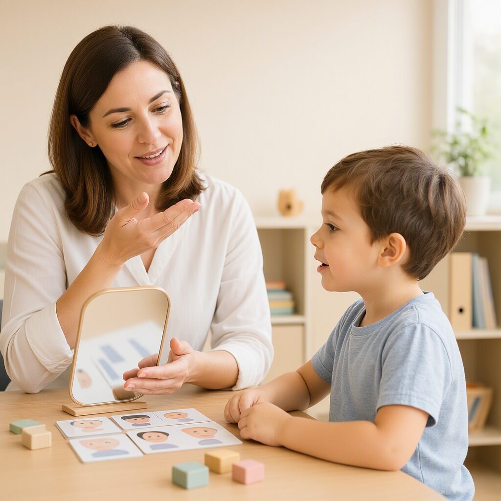 Complete guide showing stages of child speech assessment with evaluation criteria and developmental milestones