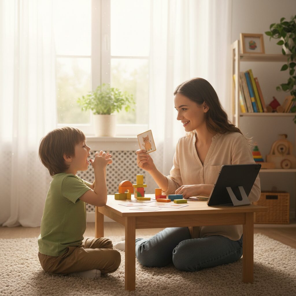 Child speech assessment showing therapist evaluating young child's language development during diagnostic session