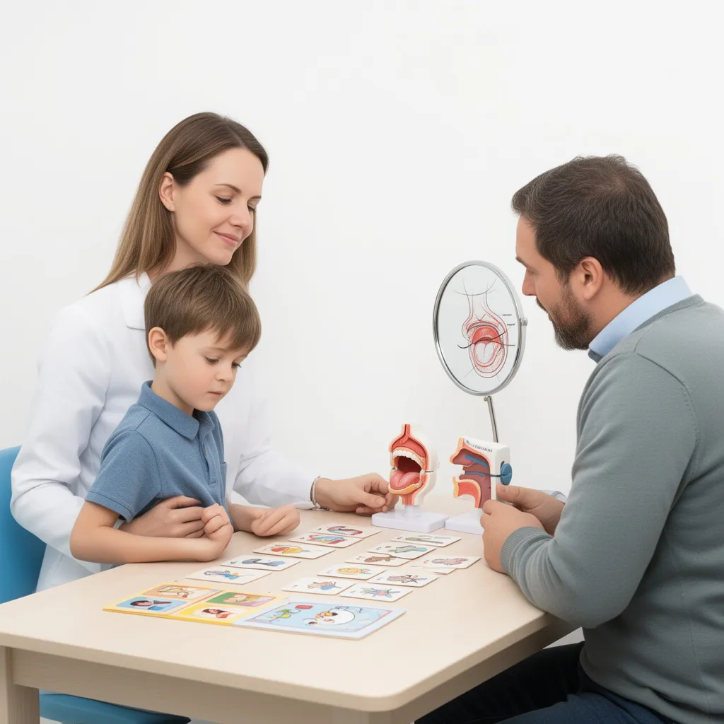 Speech therapist consulting with patient about lisping treatment and speech correction options.