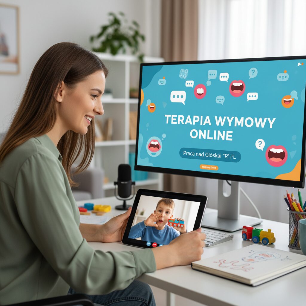 Speech therapist and child working on articulation exercises during an online speech therapy session via video call.