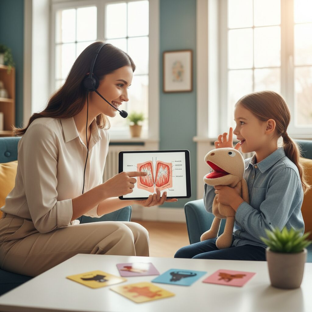 Child with speech therapist practicing pronunciation exercises using colorful cards and learning materials