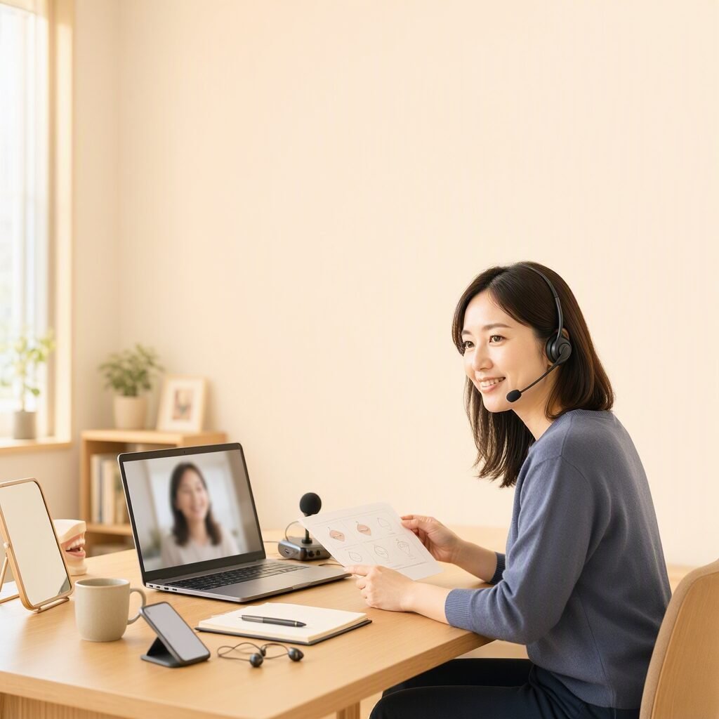"Person preparing for a job interview via Skype, sitting at a desk with a computer"